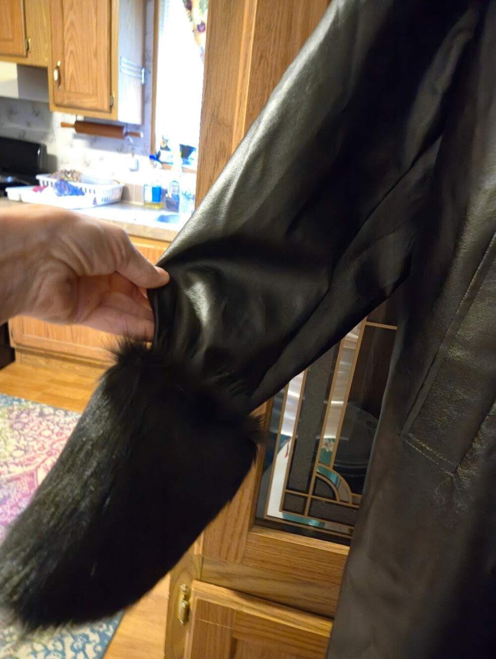Black Faux Fur Trim Faux47 Inches Long Leather Long Coat - Women - Picture 3 of 5